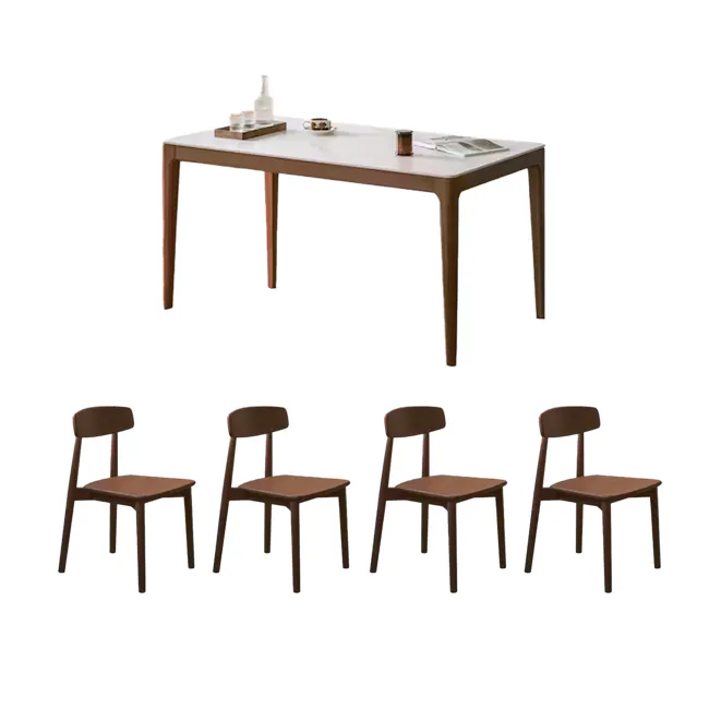 Adelyn Dining Table 1.2m (Sintered Stone) with 4 Solis Chairs in Walnut - 1 - Modern minimalist table, wooden legs, white