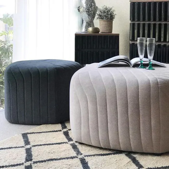 Caceda Ottoman - Dark Grey (2 Sizes) - 5 - modern living room, cozy seating, plush ottoman, striped design, black and beige