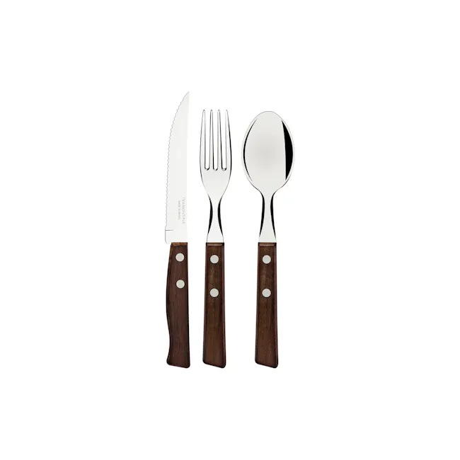 Tramontina 3-pc Cutlery Set - 1 - Knife and fork set, wooden handles, sharp blades, stainless steel design, elegant