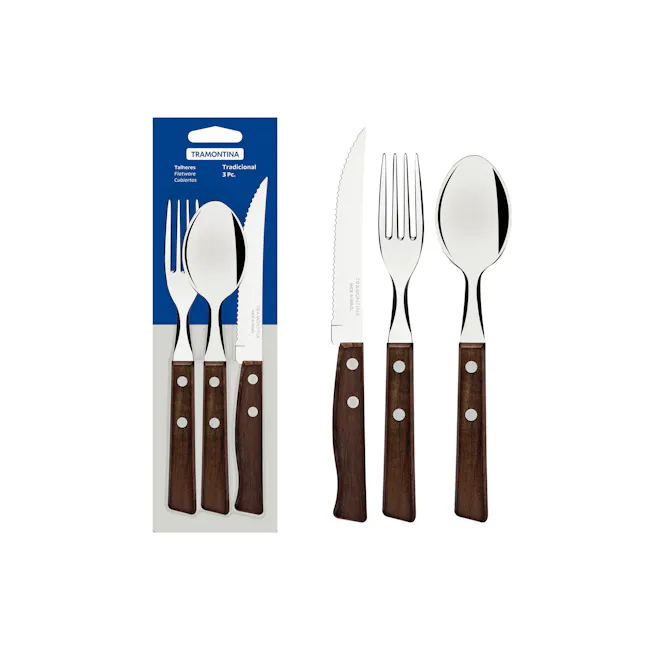 Tramontina 3-pc Cutlery Set - 2 - Triple-bladed knife, traditional set, wooden handle, stainless steel fork, stainless steel