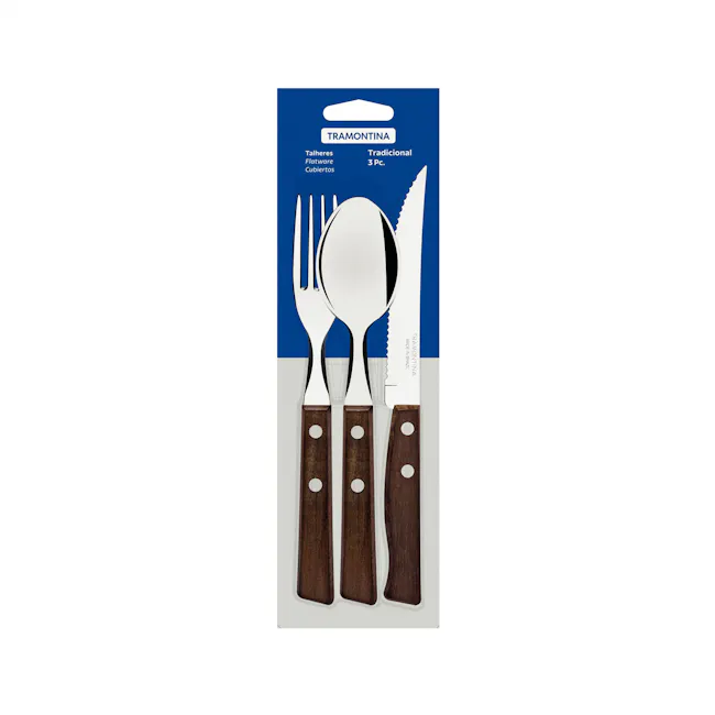 Tramontina 3-pc Cutlery Set - 3 - Triple-bladed, traditional, stainless steel, flatware, wooden handles, high-quality