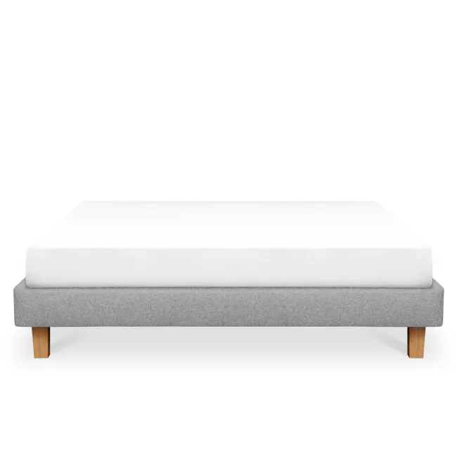 ESSENTIALS King Divan Bed - Pebble (Eco Clean Fabric) - 1 - Modern minimalist bed with gray upholstered frame, wooden legs