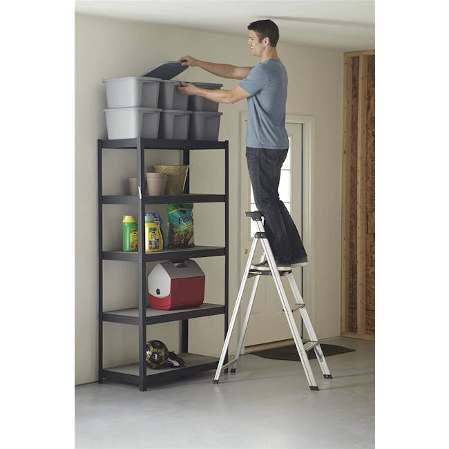 Cosco 3 Steps Lite Solutions Ladder - 2 - Step ladder, man standing, gray plastic bins, black metal shelf, indoor setting