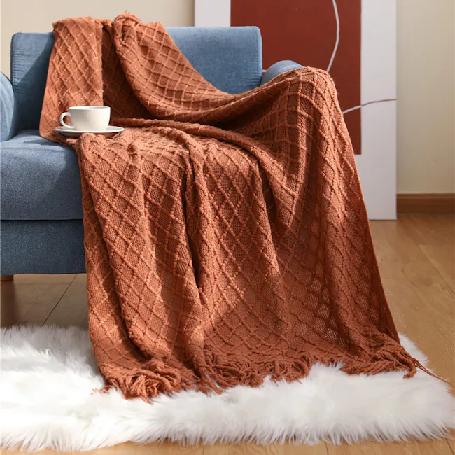 Hanako Knitted Throw - Burnt Orange - 2 - Couch, cozy, brown knitted blanket, soft, warm, inviting, comfortable, plush