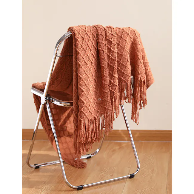 Hanako Knitted Throw - Burnt Orange - 3 - rustic chair, copper blanket, cozy throw, modern design, metallic frame, wooden