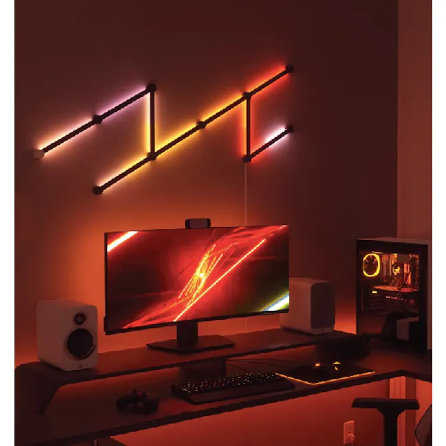 Nanoleaf Skins - Matte Black - 5 - Modern workspace, sleek monitor, vibrant display, illuminated desk, ergonomic chair