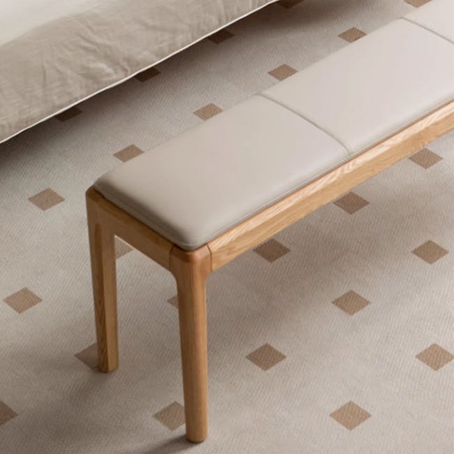 Frank Bench 1.4m - Grey (Faux Leather) - 3 - Wooden bench, beige cushion, light wooden frame, geometric patterned carpet