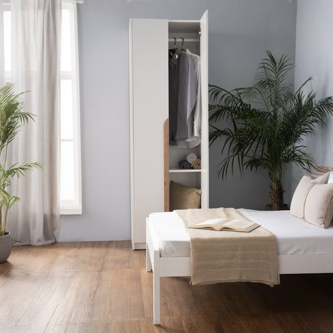 Miah 2 Door Wardrobe - Natural, White - 8 - Light gray wall, white wardrobe, open wardrobe door, hanging clothes, gray