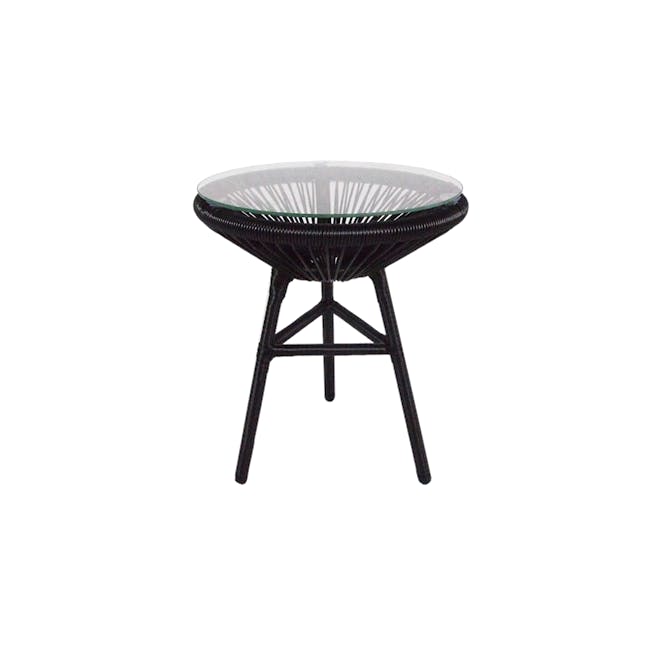 Bay Patio Set - 6 - glass-top outdoor dining stool, black metal frame, rattan seat, minimalist design, outdoor patio