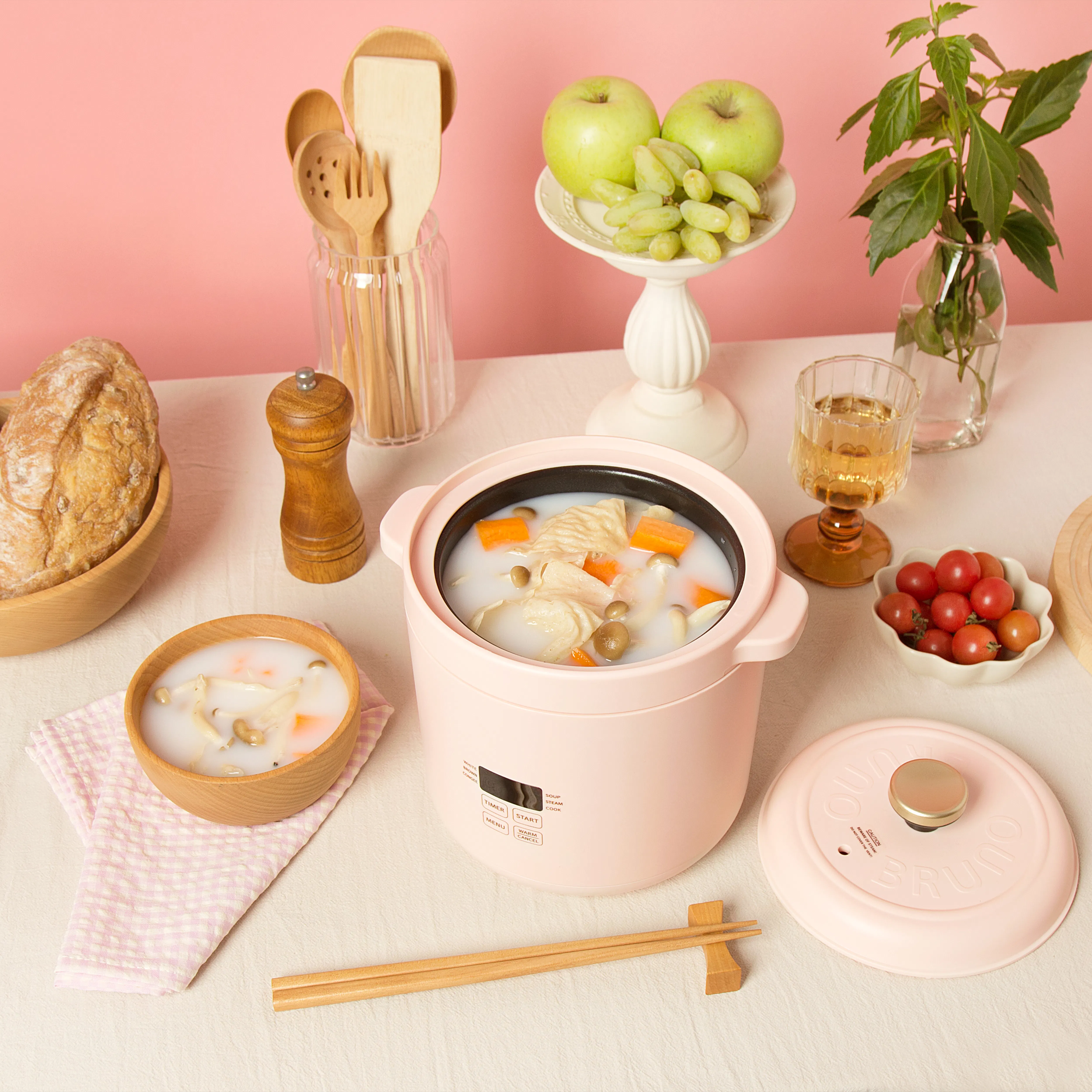 Bruno Mini Rice Cooker - Pink - 10 - wooden utensils, green apples, green grapes, wooden spoon, wooden spatula, wooden