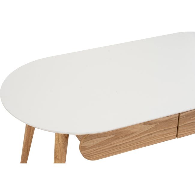 Ora Twin Drawer Coffee Table 1.2m - Natural, White - 12 - White oval coffee table, wooden legs, minimalist design, natural