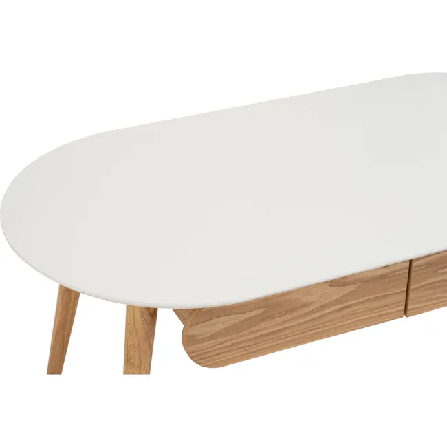 Ora Twin Drawer Coffee Table 1.2m - Natural, White - 12 - White oval coffee table, wooden legs, minimalist design, natural