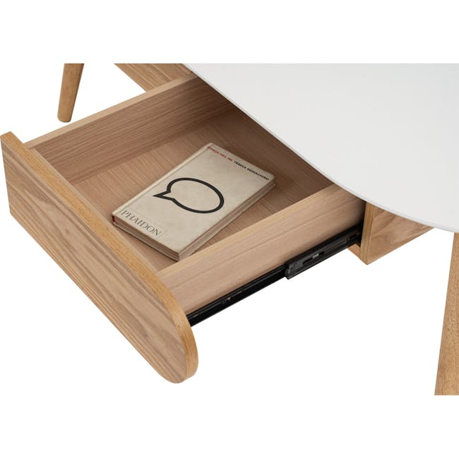 Ora Twin Drawer Coffee Table 1.2m - Natural, White - 4 - Wooden drawer, open drawer, book on drawer, book titled "Phaidon, "
