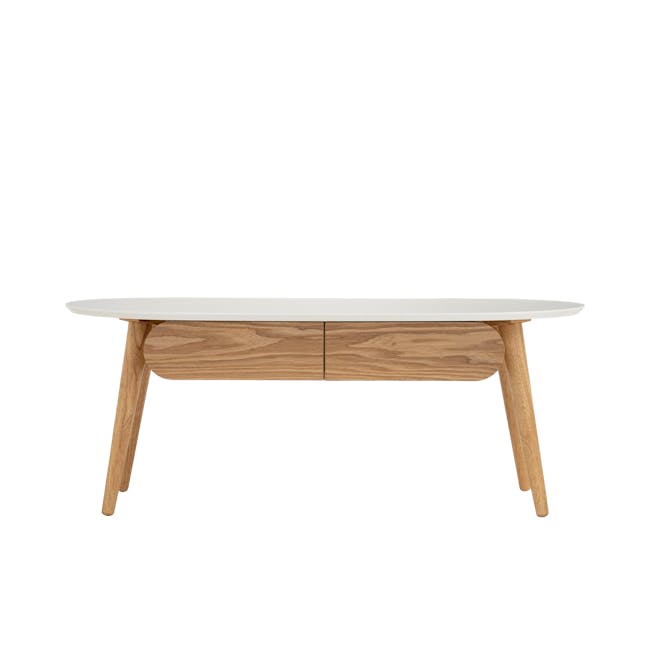 Ora Twin Drawer Coffee Table 1.2m - Natural, White - 9 - Modern minimalist table with white top and natural wood legs, sleek