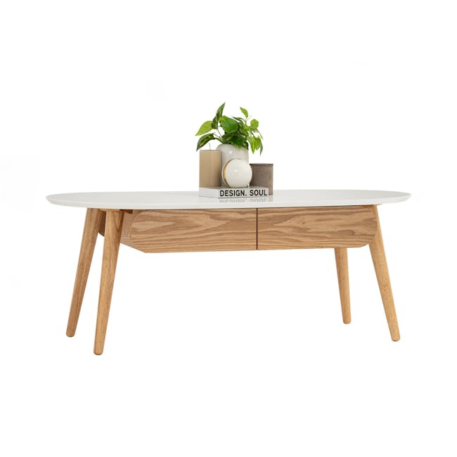 Ora Twin Drawer Coffee Table 1.2m - Natural, White - 8 - Modern minimalist table, white top, wooden legs, natural wood