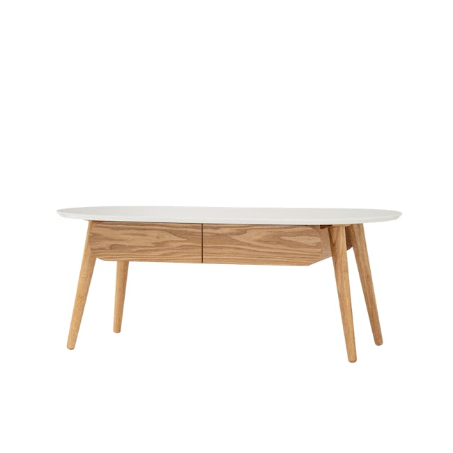 Ora Twin Drawer Coffee Table 1.2m - Natural, White - 1 - Modern minimalist dining table with wooden legs and white top