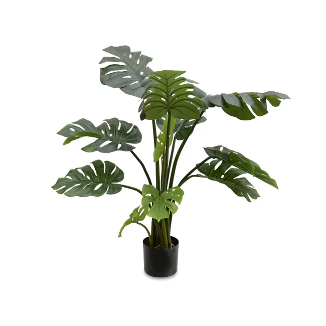 Potted Faux Monstera Plant 90 cm - 1 - Green tropical plant with large, glossy leaves, potted in a black pot, multi-leafed