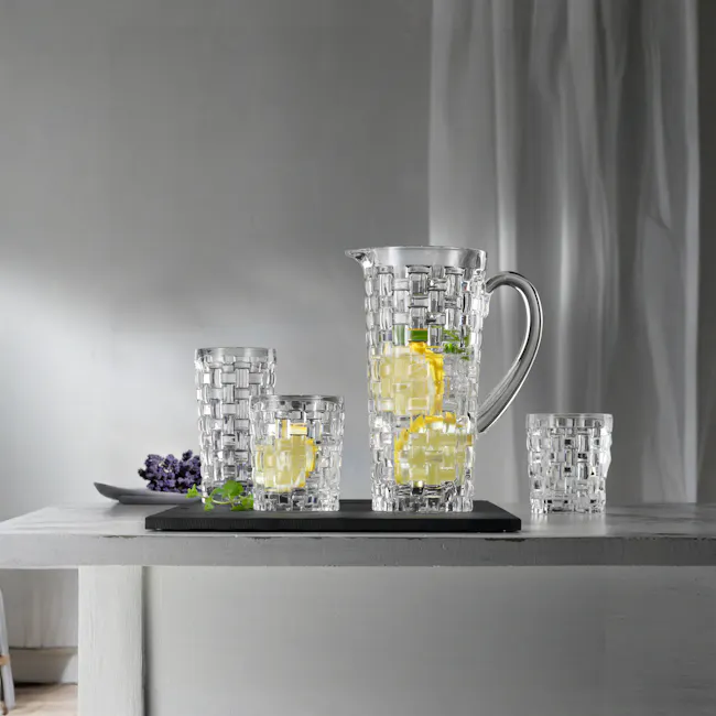 Nachtmann Bossa Nova Lead Free Crystal Rock Tumbler 4pcs Set - 2 - Clear glass pitcher, lemon slices, ice cubes, lavender