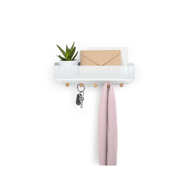 Estique Key Hook & Organiser - White - 2 - White shelf, potted plant, brown envelope, key holder, keyring, keys, keys