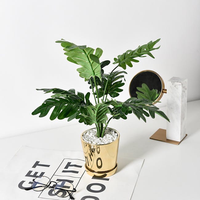 Faux Philendron in Brass Planter - 1