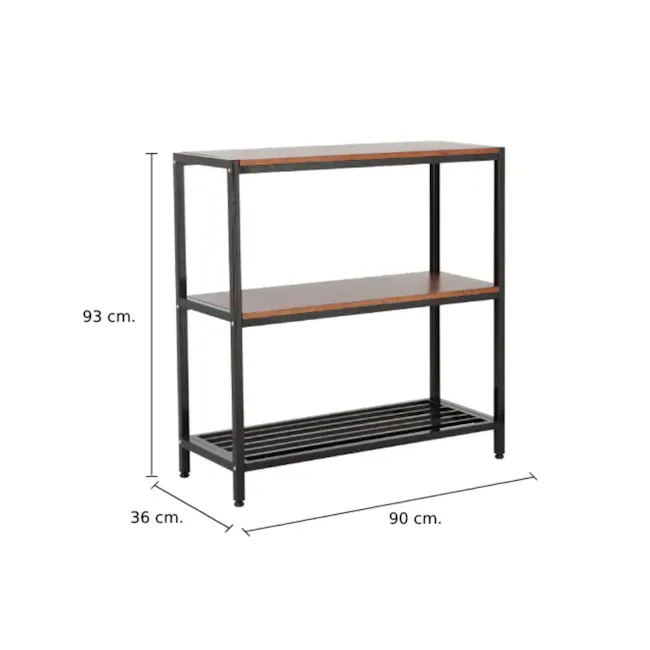 Kylo 3-Tier Shelf - Black - 6 - - Black metal shelving unit with wooden top and bottom, - Dimensions: 93 cm in height, 36 cm