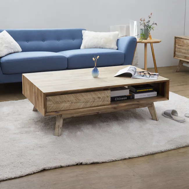 Leland Twin Drawer Coffee Table - 3 - Modern living room, cozy sofa, blue tufted sofa, white fluffy pillow, wooden coffee