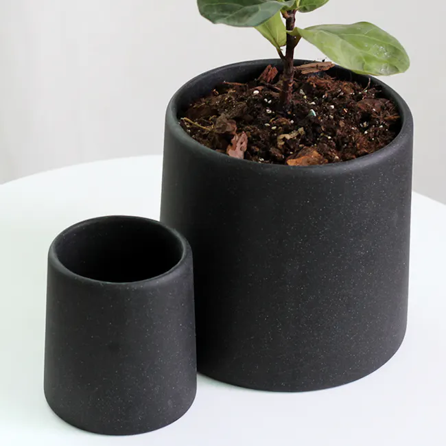 Oliver Black Speckled Cylinder Pot with Saucer - Small - 3 - black, matte, cylindrical, textured, modern, minimalist