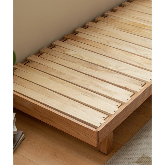 Reese 3 Seater Sofa Bed - Oak, Off White - 10 - Wooden platform bed with integrated wooden slats, light wooden floor