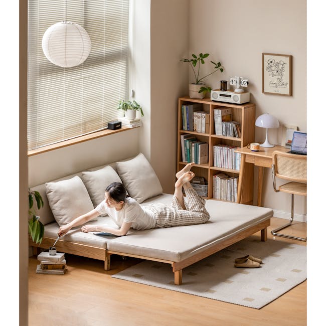 Reese 3 Seater Sofa Bed - Oak, Off White - 4 - Lively, cozy, inviting, modern, minimalist, serene, natural light, soft