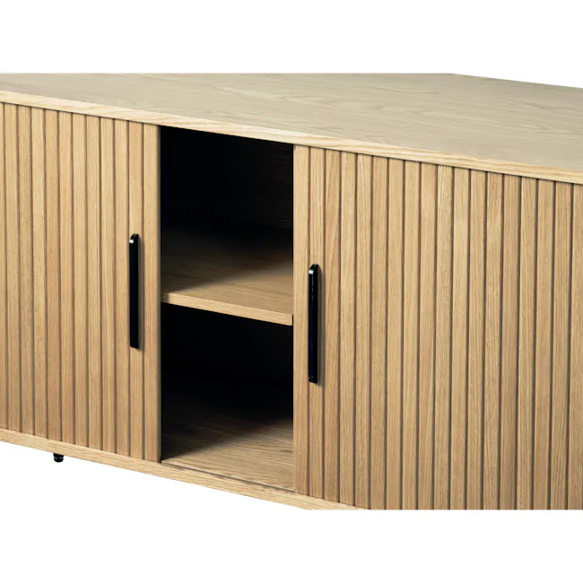 Nola Sideboard 1.8m - Oak - 5 - Wooden cabinet with black handles, open shelves, vertical wooden slats, minimalist design
