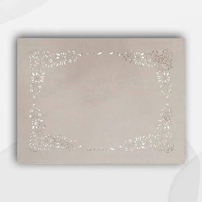 RAPEE Jardin Placemat - Stone - 5 - Burlap placemat, beige fabric, intricate floral design, decorative border, elegant table