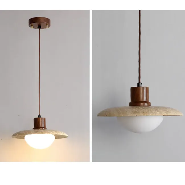 Caleb Travertine Pendant Lamp - Gentle Curve - 5 - modern pendant light, rustic wooden shade, unique design, industrial