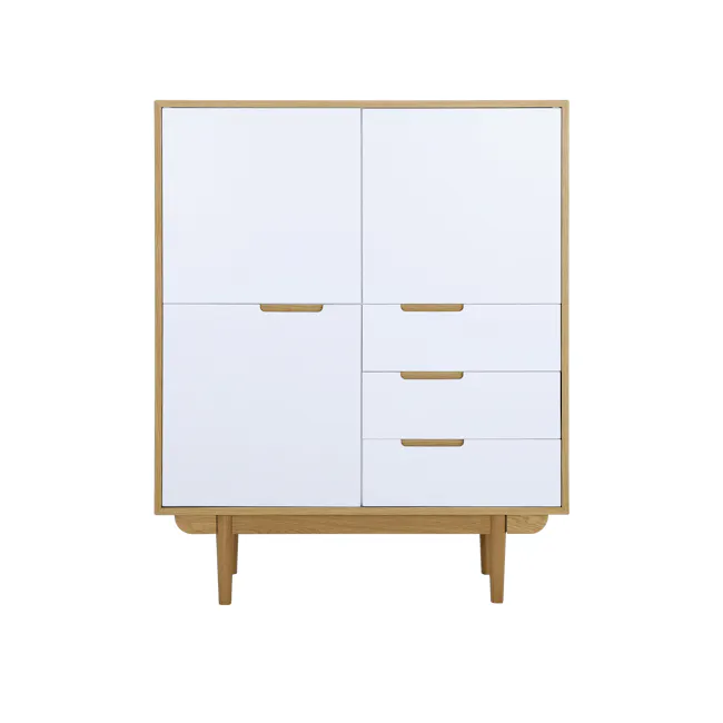 Larisa Tall Sideboard 1.1m - Oak, White - 8 - White cabinet with wooden handles, minimalist design, wooden frame, four