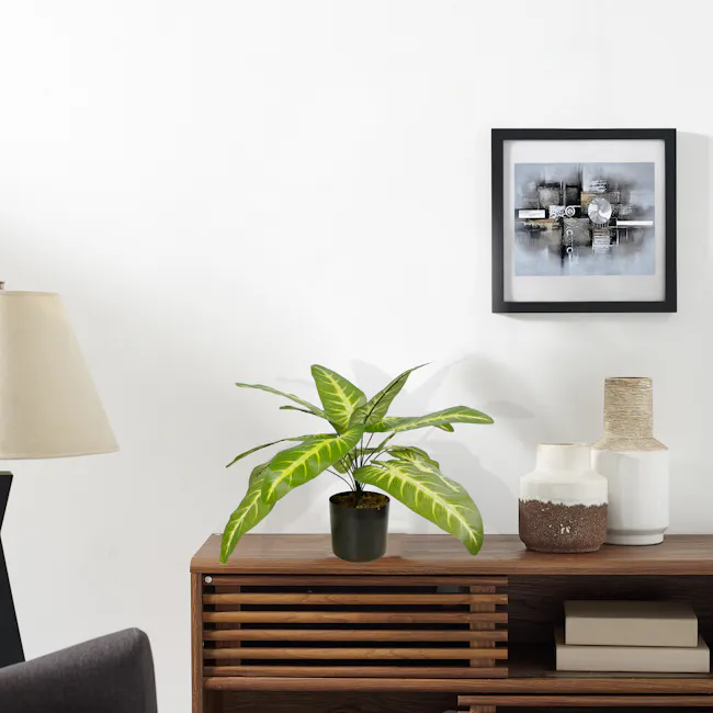 Potted Faux Syngonium Plant 42 cm - 2 - modern living room, minimalist decor, abstract art, green plant, wooden shelf