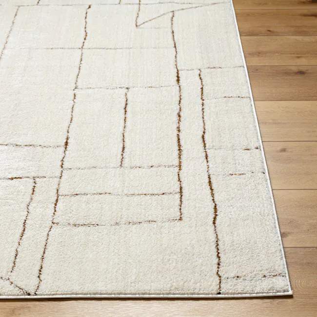 Adler Low Pile Geometric Rug - Walnut (3 Sizes) - 5 - Cream-colored, textured rug with intricate brown border, rectangular