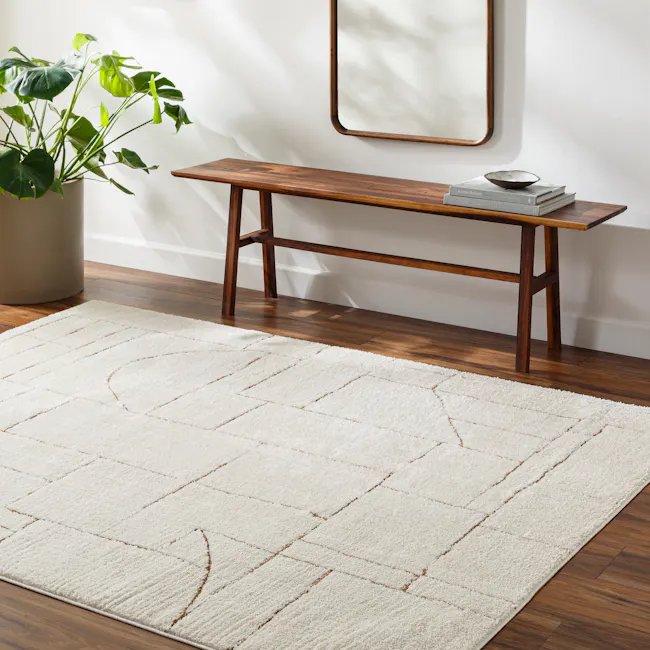 Adler Low Pile Geometric Rug - Walnut (3 Sizes) - 2 - Modern minimalist living room, cozy plant, wooden bench, white