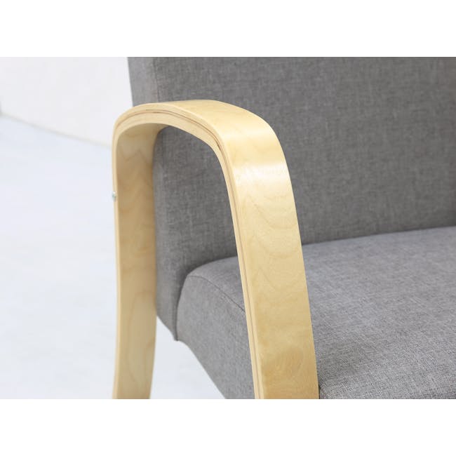 Mizuki 2 Seater Sofa with Mizuki Armchair in Grey - 6 - Light wood armrest, curved design, natural wood grain, soft texture