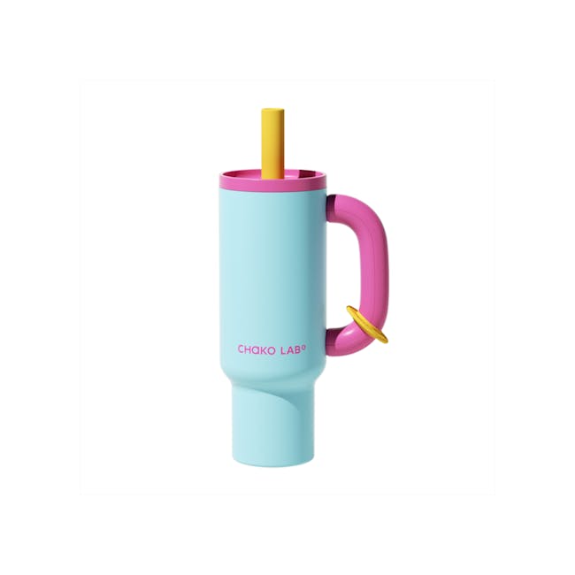 CHAKOLAB BAWANG Thermal Cup 1050ml - Orange Blue - 2 - Light blue cylindrical container, pink handle, yellow straw, playful