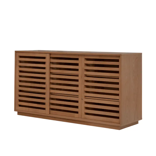 Keita Low Shoe Cabinet - Walnut - 3 - Wooden slatted cabinet, light brown wood finish, horizontal slats, vertical slats