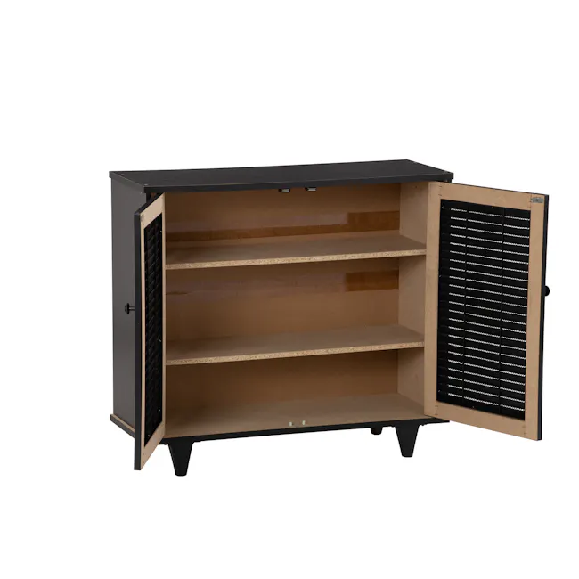 Aveleen 2 Door Shoe Cabinet - Cappuccino - 2 - Wooden cabinet with black accents, open shelves, minimalist design, built-in