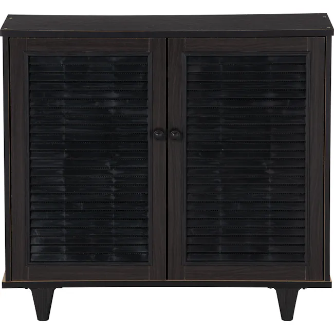 Aveleen 2 Door Shoe Cabinet - Cappuccino - 3 - Dark wood cabinet with black metal slatted doors, elegant design, sturdy