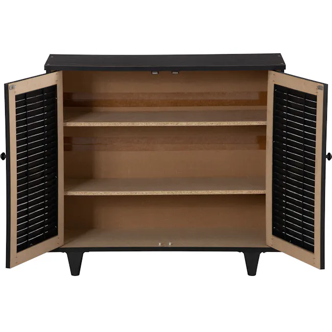 Aveleen 2 Door Shoe Cabinet - Cappuccino - 4 - Wooden cabinet with black slatted doors, open shelves, minimalist design