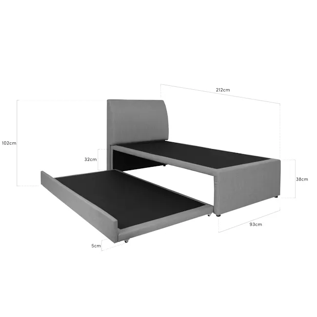 ESSENTIALS Single Trundle Bed - Grey (Fabric) - 6 - Modern minimalist bed frame, 212 cm total height, 38 cm depth, 93 cm