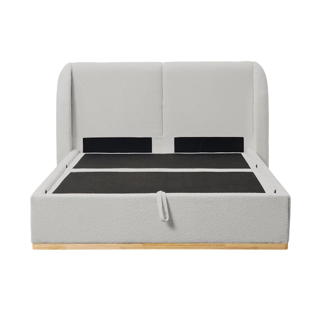 Nova Queen Storage Bed - Light Grey Boucle - 4 - Grey upholstered bed frame, black footboard, wooden base, minimalist