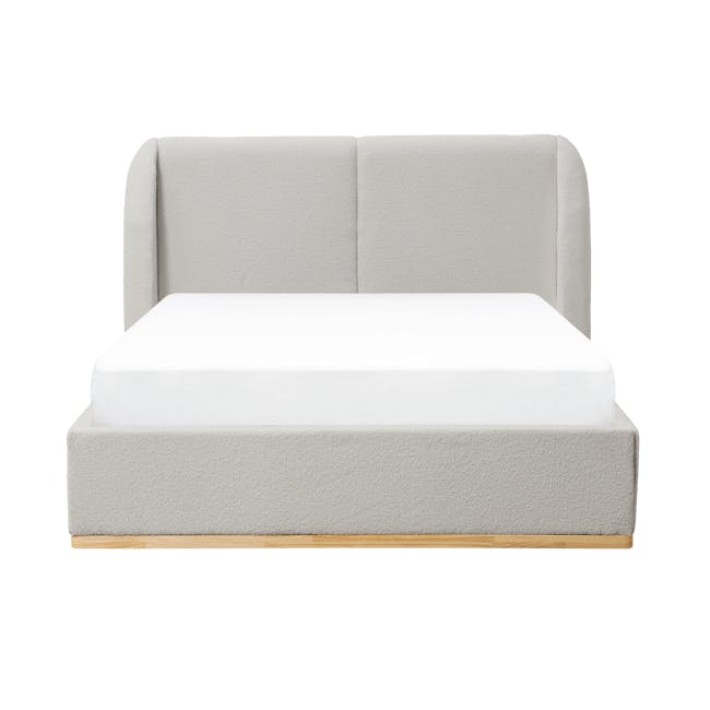 Nova Queen Storage Bed - Light Grey Boucle - 1 - Modern minimalist bed with soft gray upholstered headboard and white