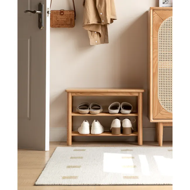 Azumi Shoe Rack Bench 0.6m - Oak - 4 - Wooden shoe rack, beige shoes, white sneakers, woven bag, light brown wooden cabinet