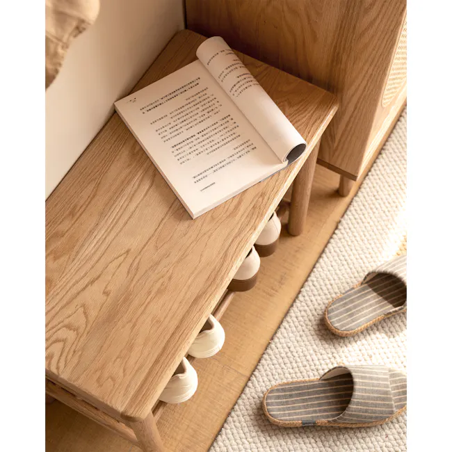 Azumi Shoe Rack Bench 0.6m - Oak - 5 - Wooden side table, open book, Japanese text, light brown wood, soft lighting, cozy