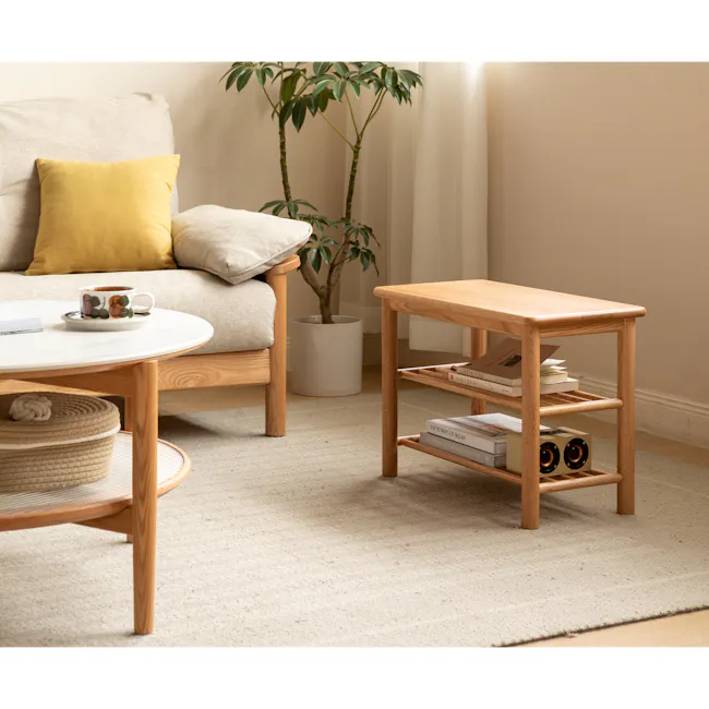 Azumi Shoe Rack Bench 0.6m - Oak - 6 - Cream sofa, yellow pillow, round coffee table, wooden side table, potted plant, beige