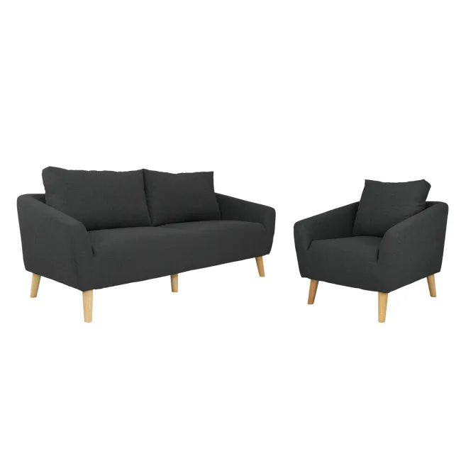 Hana 3 Seater Sofa with Hana Armchair - Charcoal - 1 - Dark gray upholstered sofa, light wooden legs, modern design