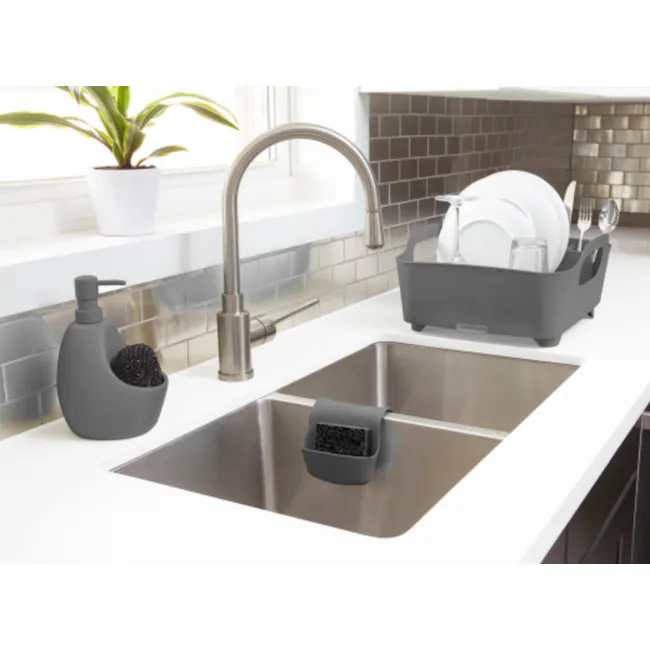 Joey Pump/Scrubby Combo - Charcoal - 4 - Grey soap dispenser, stainless steel sink, modern kitchen, white countertop, double